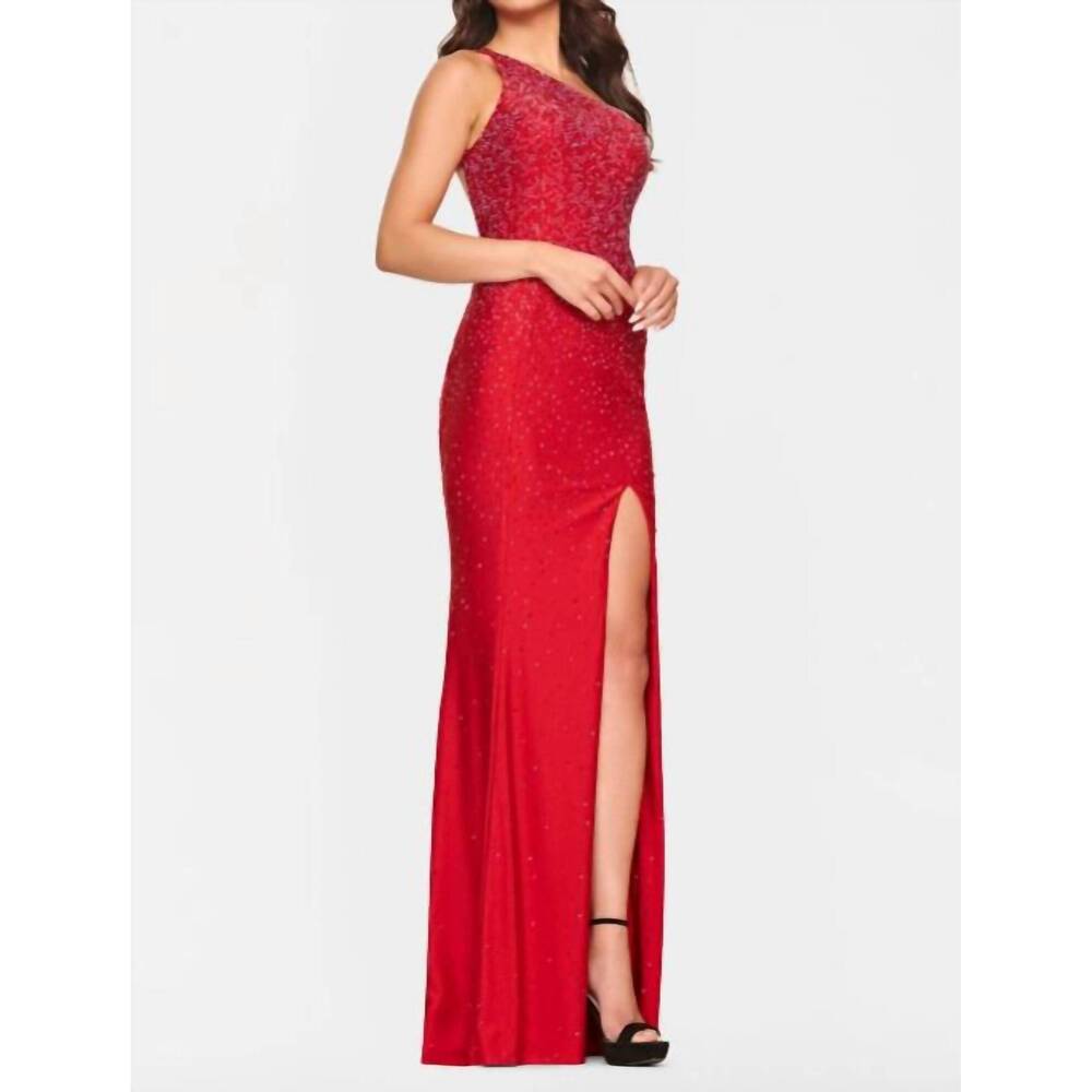 NEW FAVIANA one shoulder hot stone gown in ruby